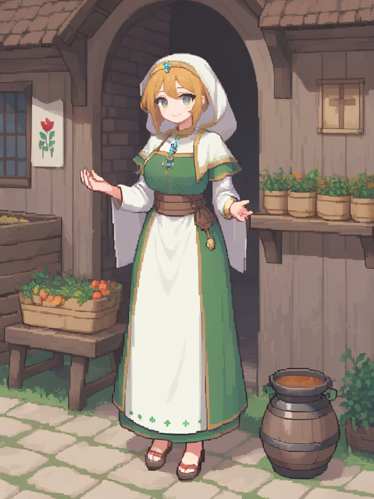 15480-1612192183-_lora_pixel style-000007_0.7_,pixel style,Visualize a compassionate and beautiful healer in a medieval village. She's dressed in.png